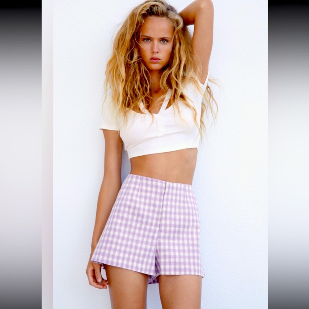 NWT cute Zara Lilac highwaist gingham short - size S